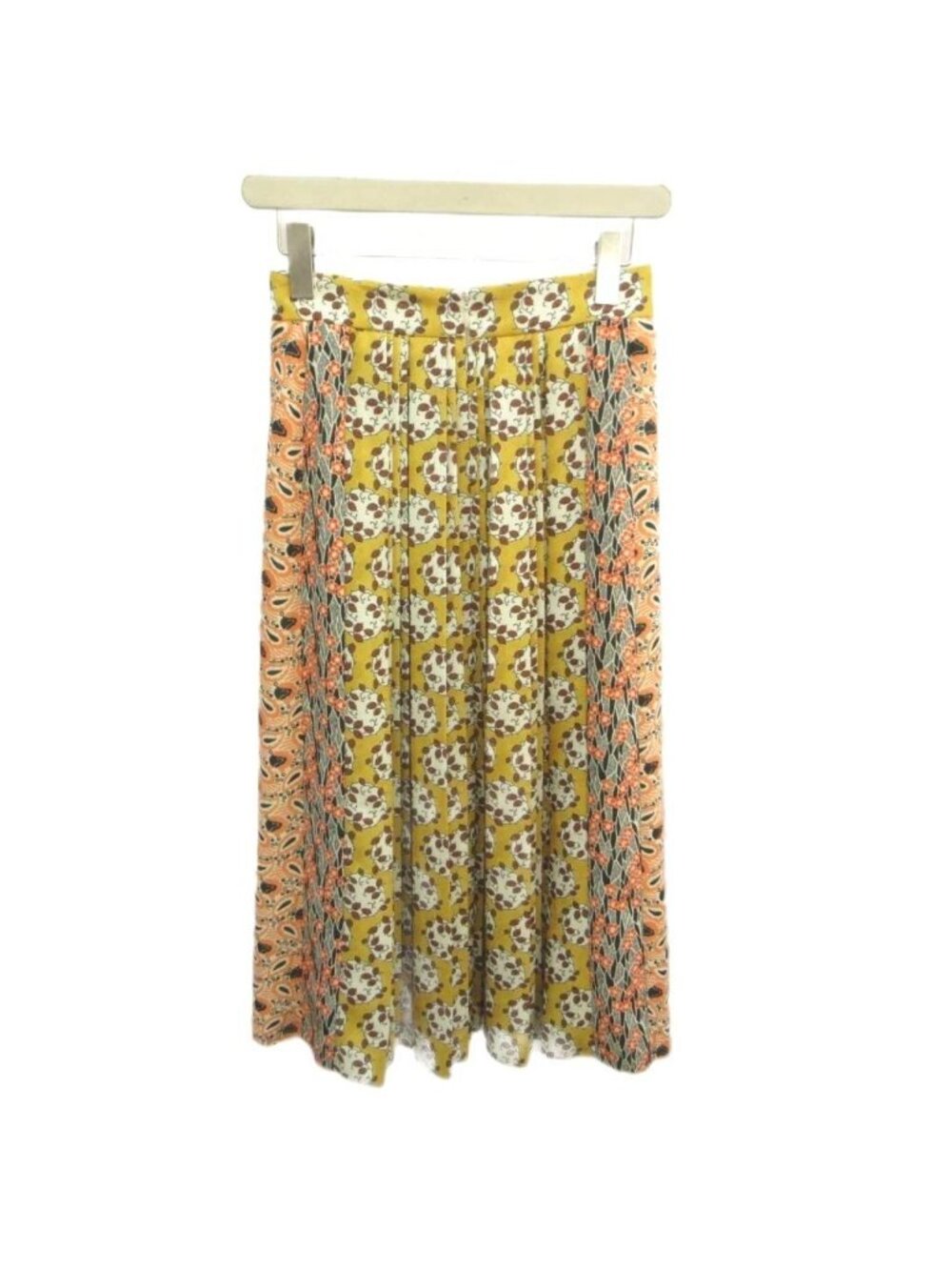 Prada Pleated Skirt Calfskin Length Contrast Floral Pattern Yellow Orange
